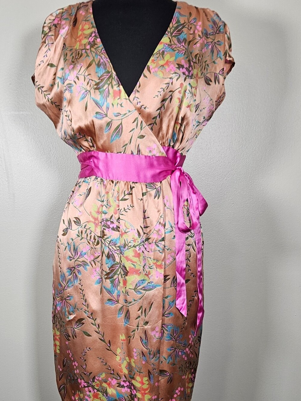 True Y2K Hype Silk Botanical Floral Boho Print Dress Front Wrap Waist Tie 8